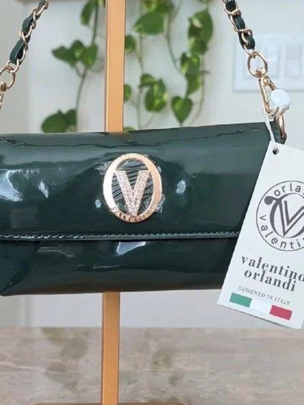 Valentino Orlandi Forest Green Patent Mini Shoulder Bag with Gold V Emblem